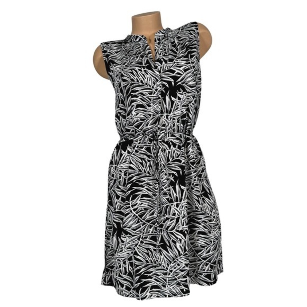 LOFT Women's Size XL Black White Tropical Palm Leaf Sleeveless Tie Waist Dress